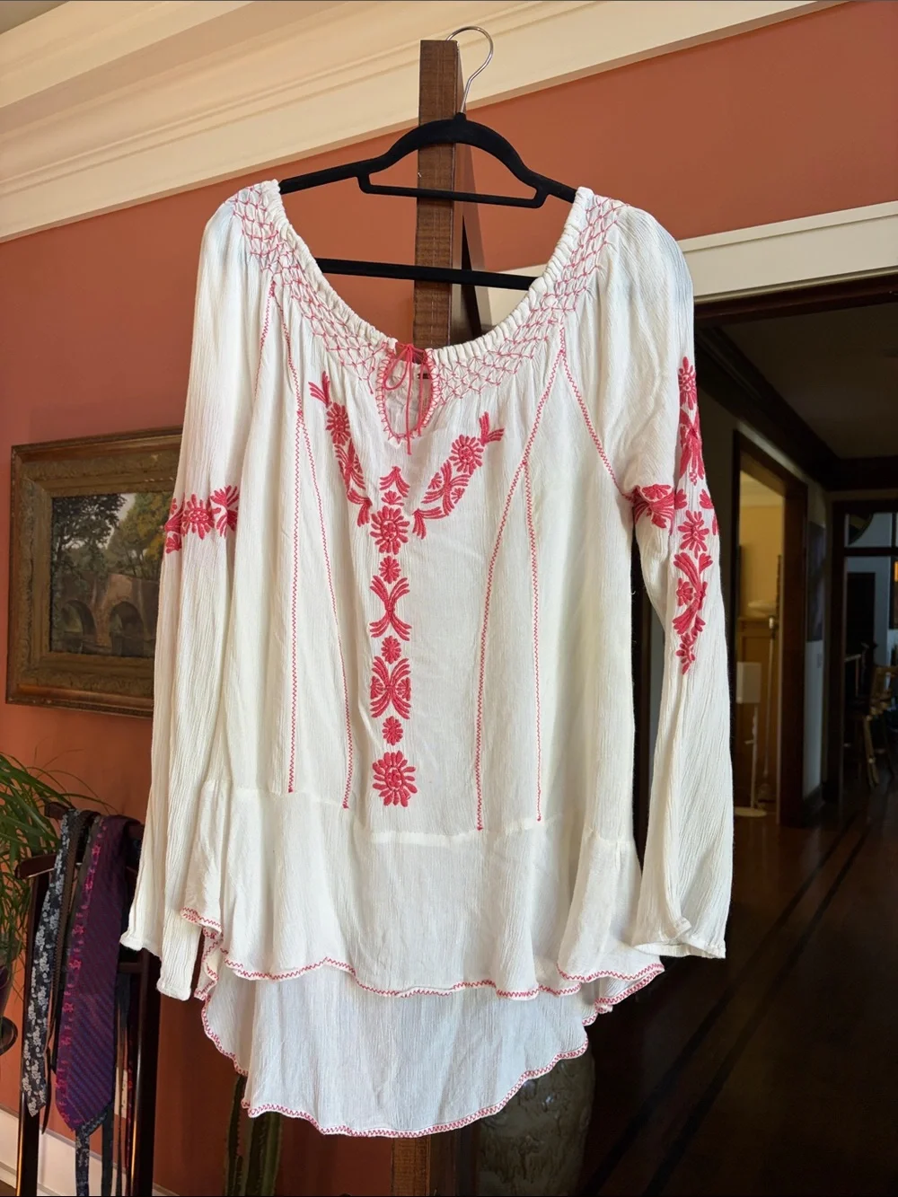 Free People White Blouse with Pink Embroidery